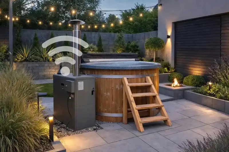 Bain nordique Ticra Thermowood avec chauffage bio et contrôle via application Wi-Fi dans un jardin moderne