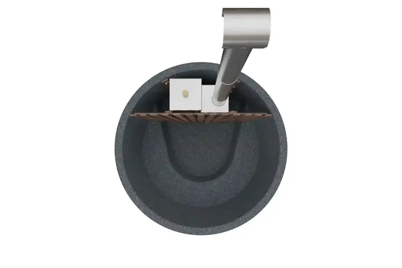 Vue de dessus du bain nordique Ticra en Thermowood met poêle interne