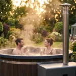 Personnes se détendant dans un bain nordique Ticra Thermowood chaud avec chauffage bio dans un jardin naturel