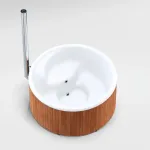 Vue de dessus de l'arrière du bain nordique Skargards Rojal avec poêle intégré