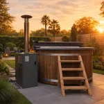 Bain nordique Ticra Thermowood avec chauffage bio et couvercle isolé au coucher du soleil
