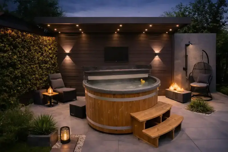 Thermowood hottub met externe warmtepomp in luxe design tuin tijdens schemer