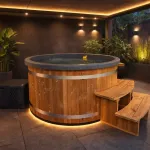 Ticra Thermowood hottub met externe 5 kW warmtepomp en wifi onder luxe overkapping tijdens schemer