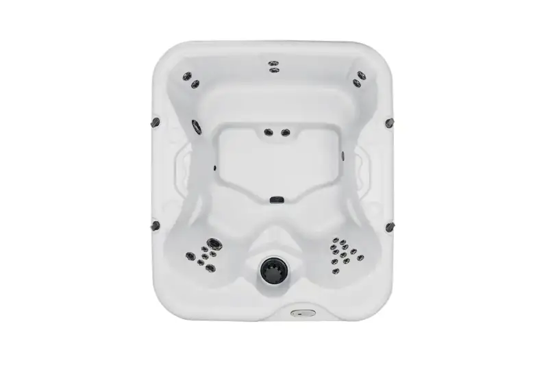 Vue du dessus du bain nordique Nordic Hottub Spa Retreat avec cuve intérieure en plastique HDPE et jets de massage