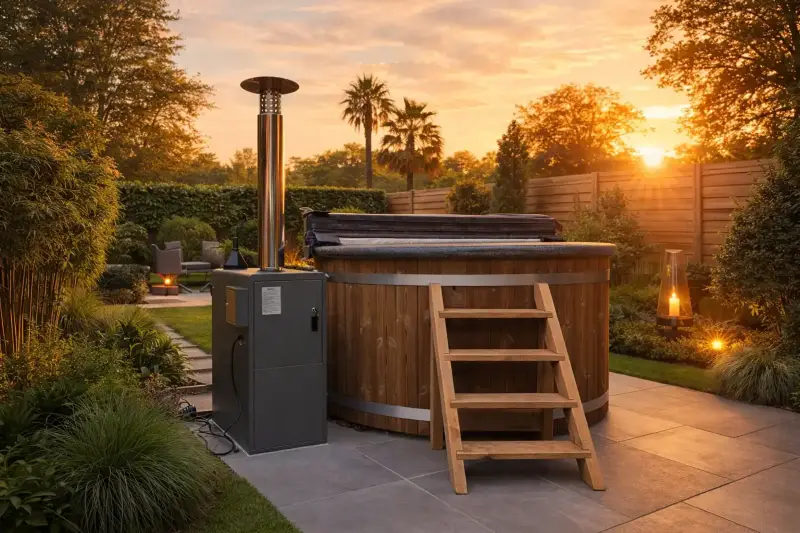 Bain nordique Ticra Thermowood avec chauffage bio et couvercle isolé au coucher du soleil