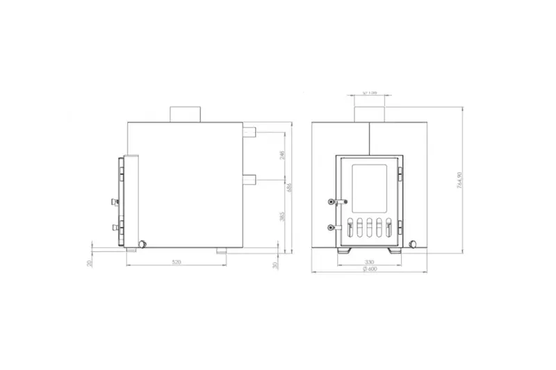Schéma technique avec dimensions du poêle à bois externe de 55 kW