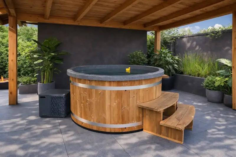 Warmtepomp verwarmde hottub onder houten overkapping in de tuin