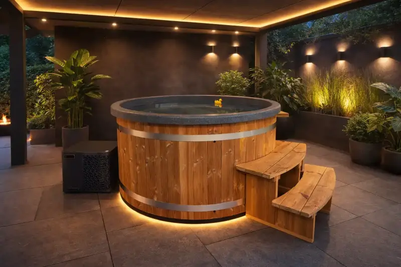 Ticra Thermowood hottub met externe 5 kW warmtepomp en wifi onder luxe overkapping tijdens schemer