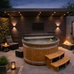 Thermowood hottub met externe warmtepomp in luxe design tuin tijdens schemer