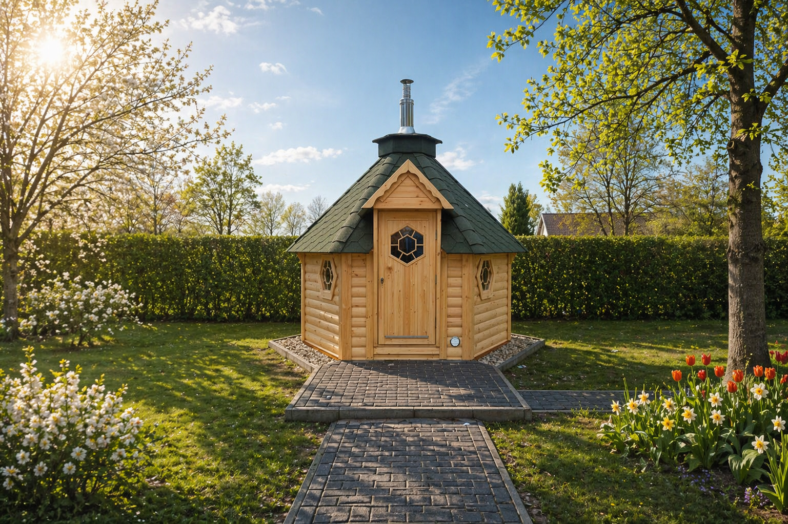 Originele Finse buiten sauna in de natuur met sneeuw op het dak.