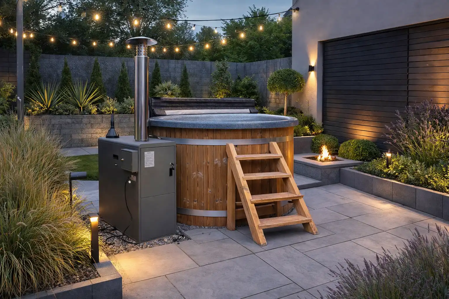 houten hottub met duurzame milieuvriendelijke biokachel