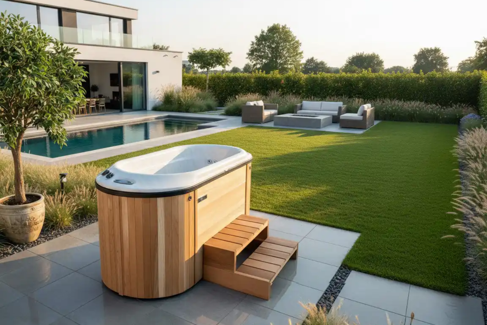 Nordic Hottub Bella geplaatst in een luxe tuin