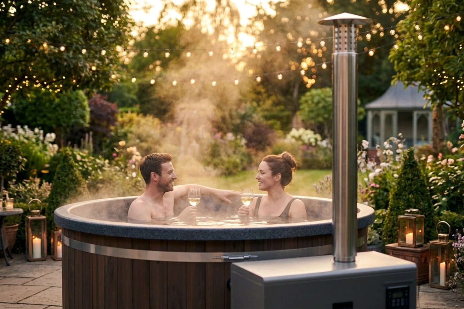 Mensen ontspannen in warme Ticra Thermowood hottub met biokachel in natuurlijke tuin